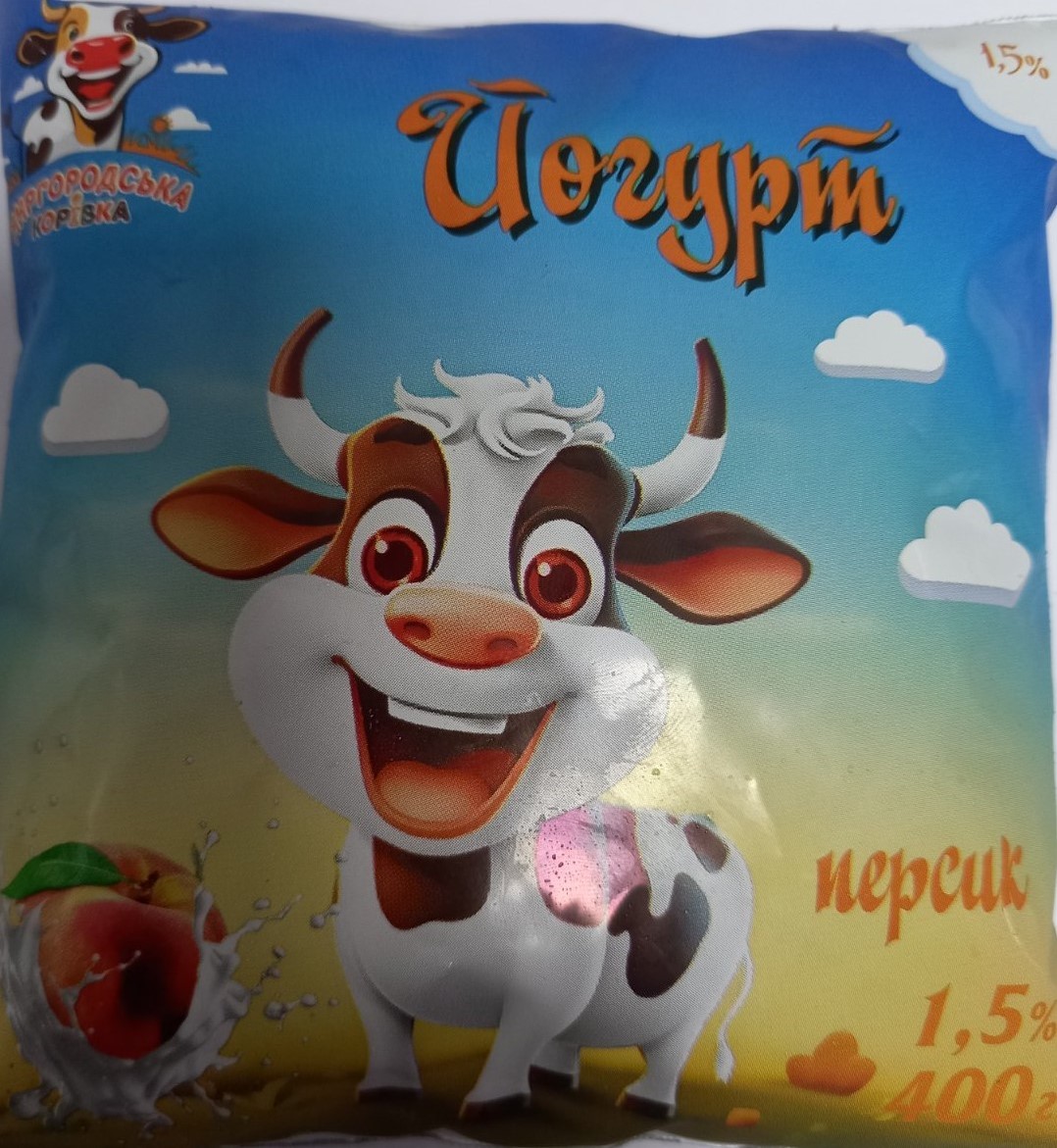 Йогурт питний ТМ Миргородська корівка з фруктовим наповнювачем "Персик" 1,5% 400г